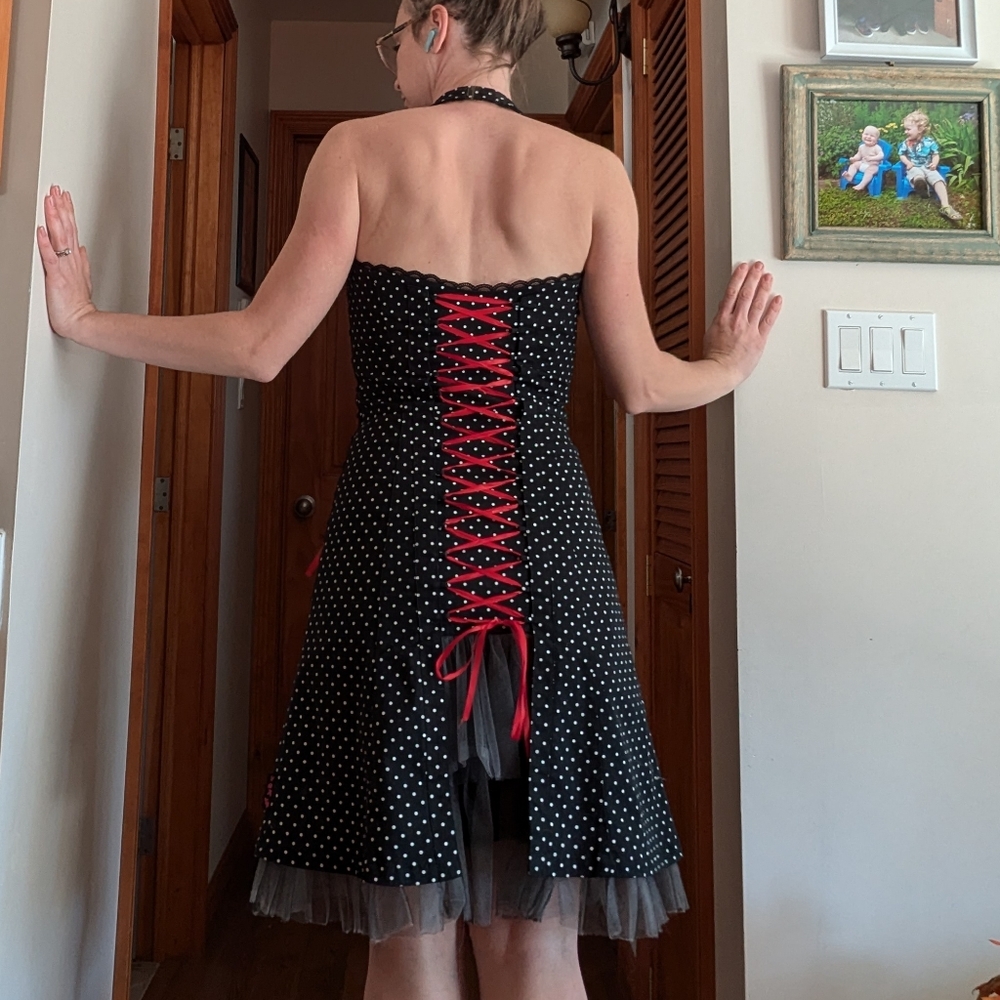 Black Polka Dot Dress with Red Lace-Up Back